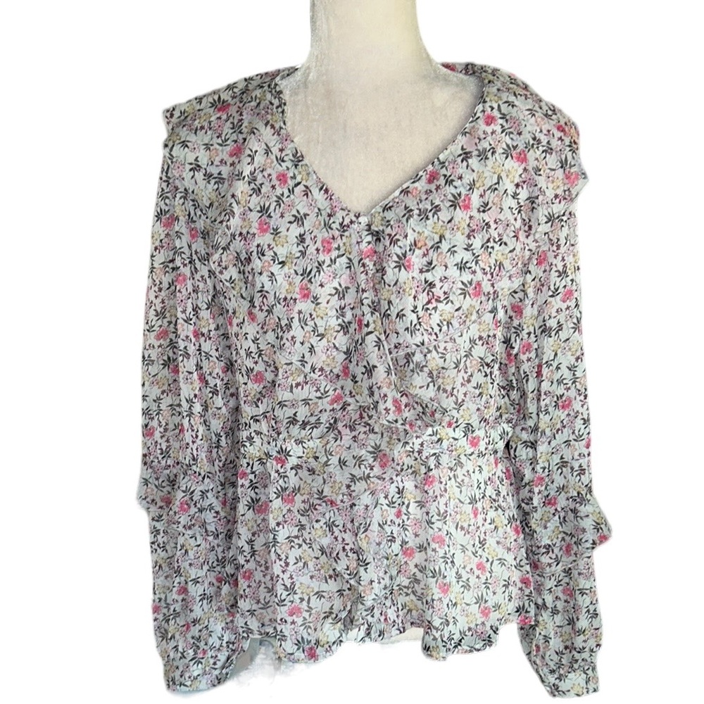 Anthropologie Easel Light Blue Floral Ruffle Collar Peplum Blouse - L